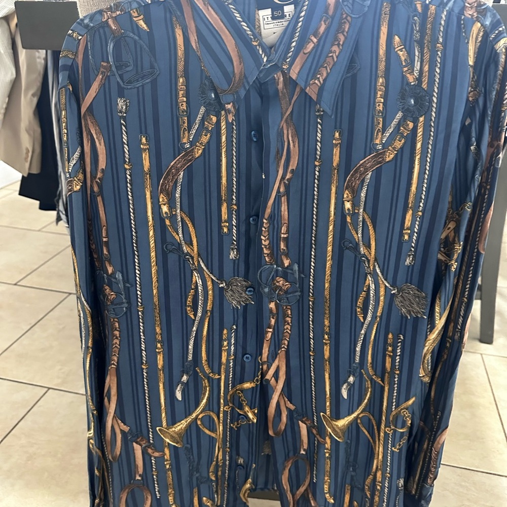 Just Cavalli Blue and Gold Patterned Long Sleeve Dress Shirt